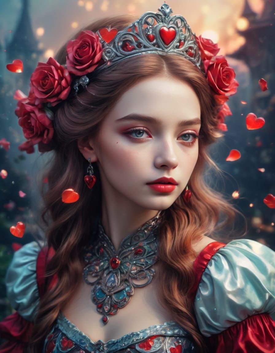Queen of Hearts in Surreal Wonderland Landscape