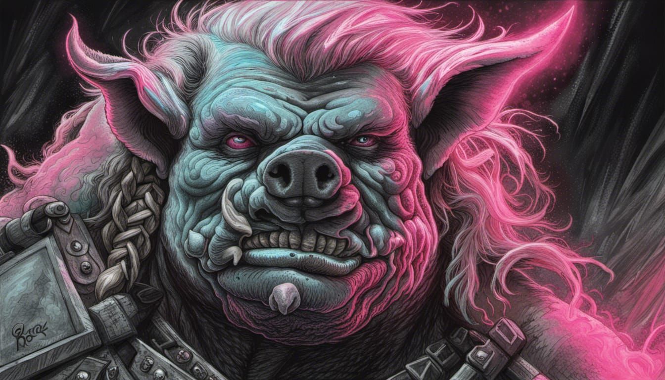 Pig Orc Barbarian in Synthwave Retro Horror Style