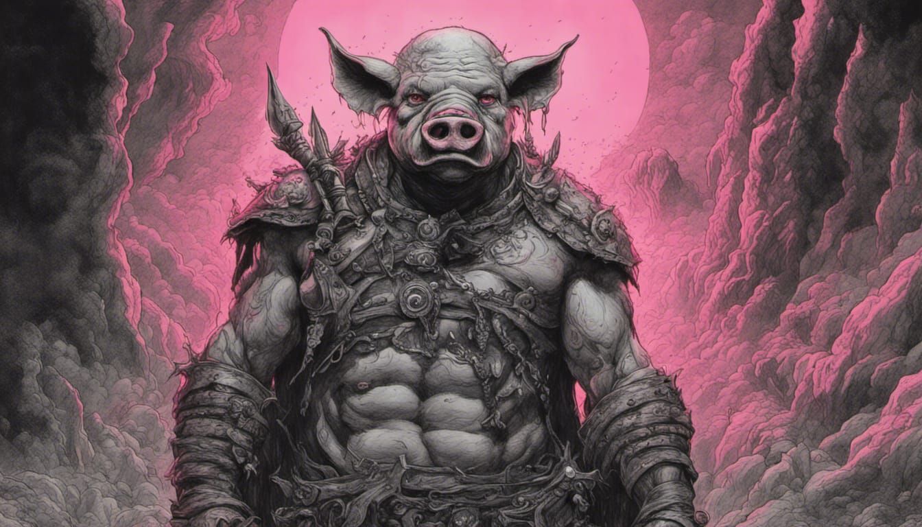 Pig Orc Barbarian in Synthwave Horror Charcoal Drawing