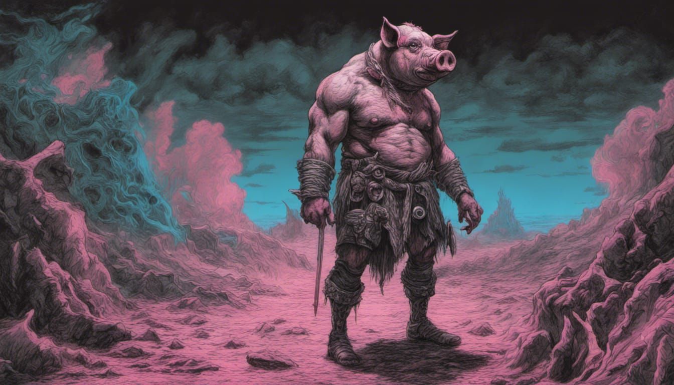 Pig Orc Barbarian in Synthwave Horror Charcoal Drawing
