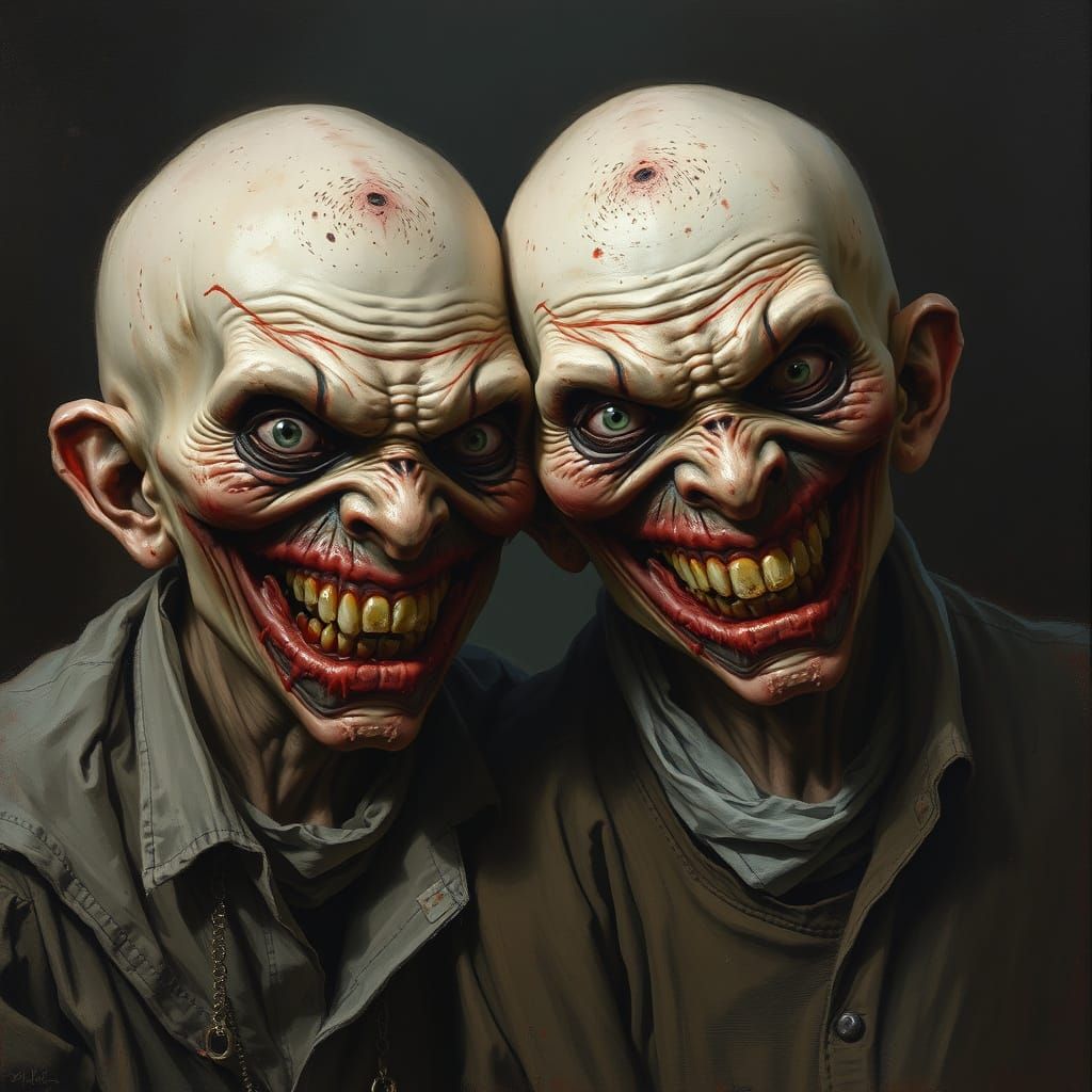 Grotesque Siamese Twins with Menacing Expressions