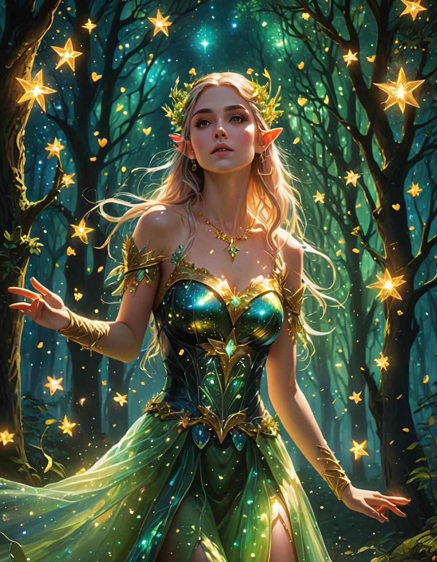 A female elf wearing a translucent iridescent dress with shades of green