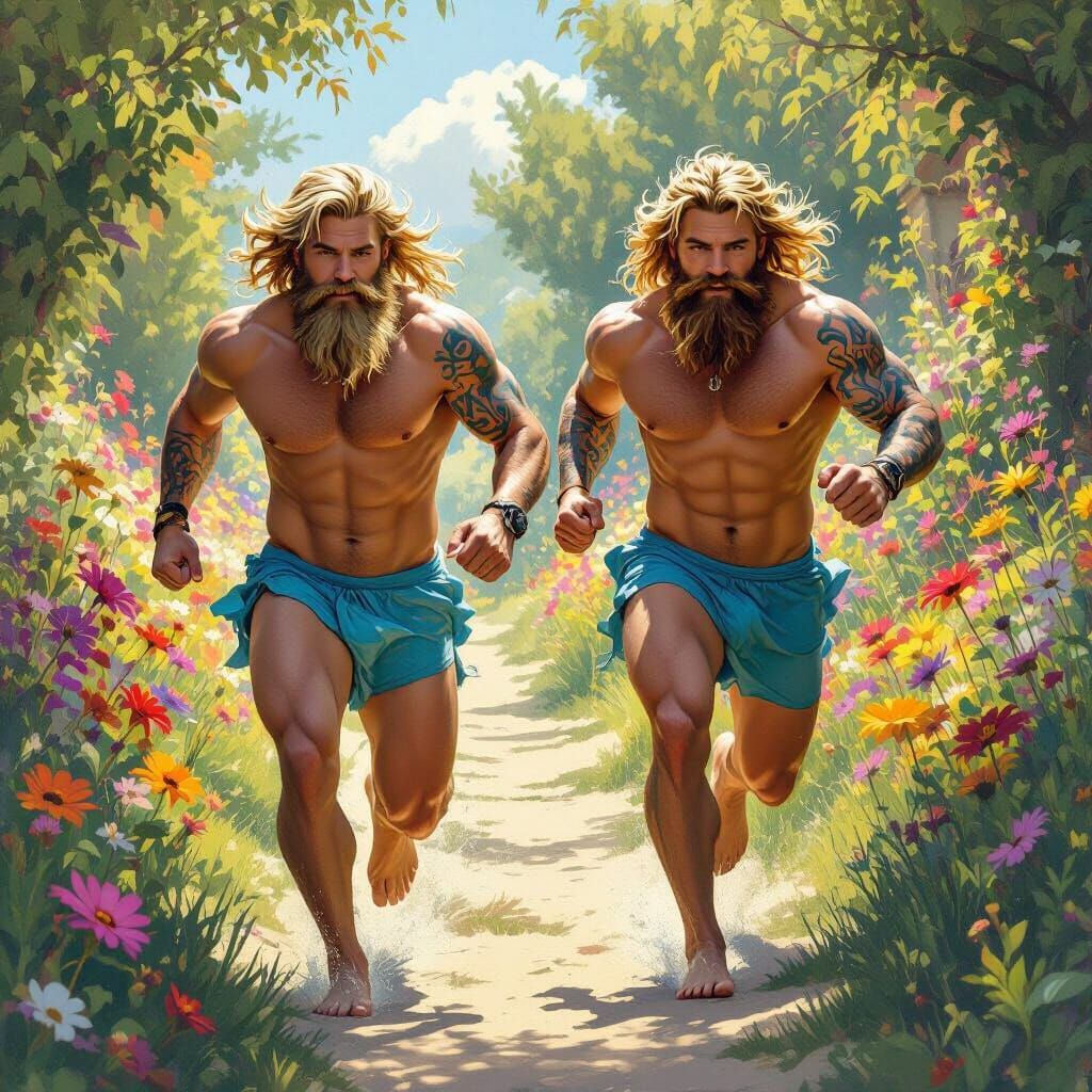 Epic Fantasy: Two Bearded Men Running in a Garden