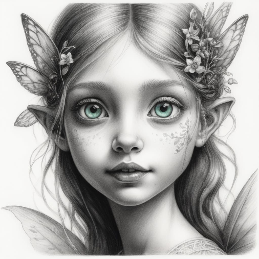 Whimsical Snowdrop Fairy with Emerald Eyes in Charcoal Drawi...