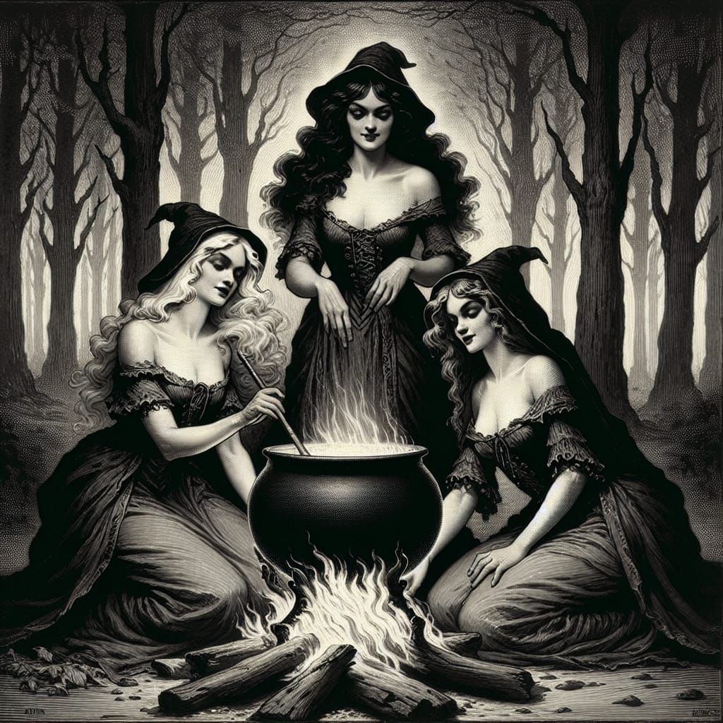 Charming Witch Sisters Casting a Spell in Eerie Forest
