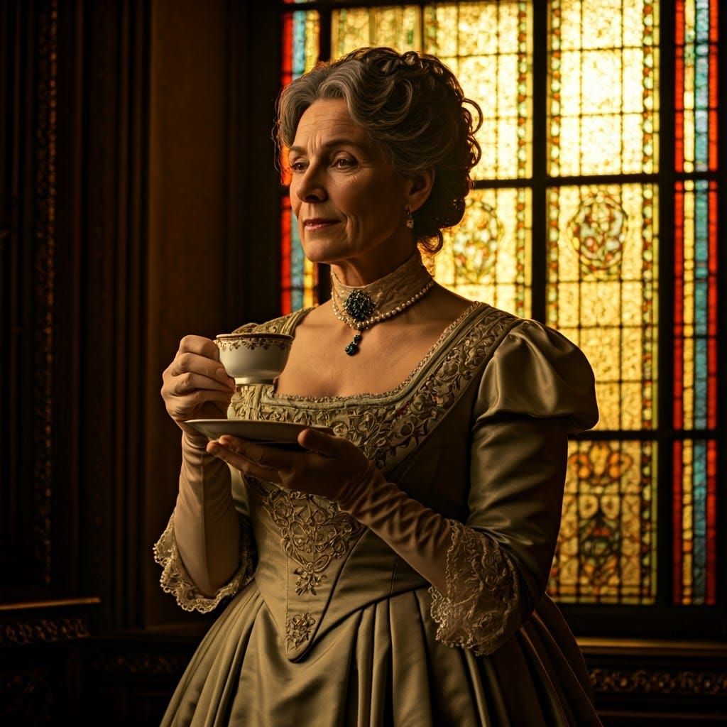 Victorian Lady Sips Tea in Front of Stained Glass Window