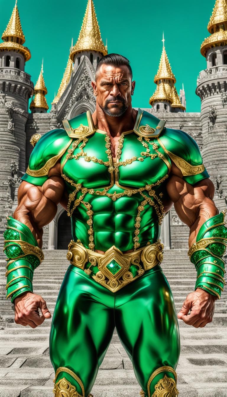 Hyperrealistic Muscle Man in Green Armor