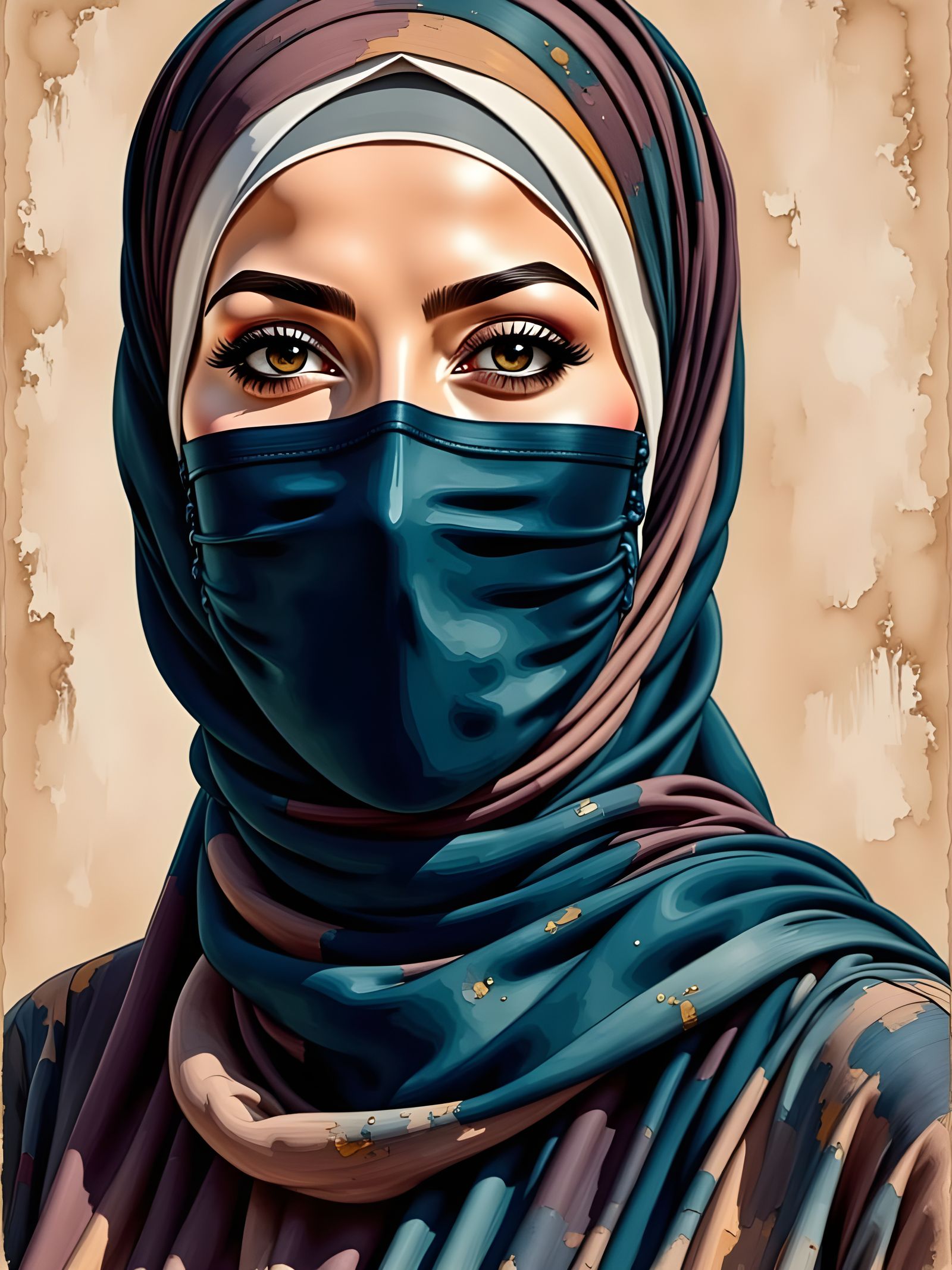 Portrait of Woman in Hijab in Oil-Guache Style