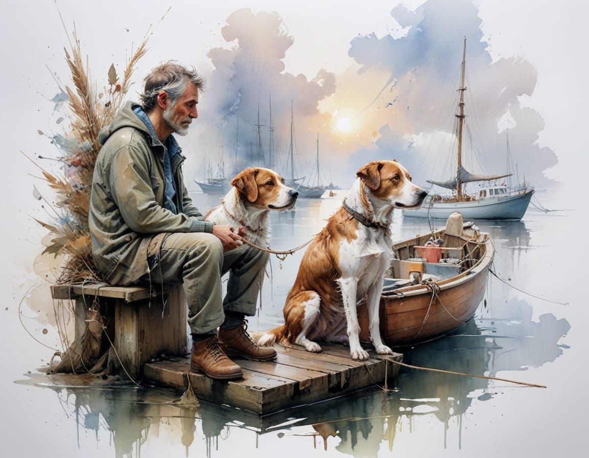 Painterly Realism of Fisherman and Dog by Harbor