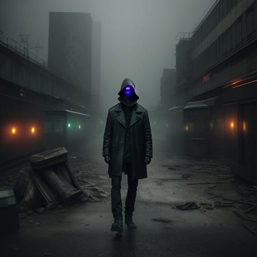 Gritty Post-Apocalyptic Scene with Robotic Figure