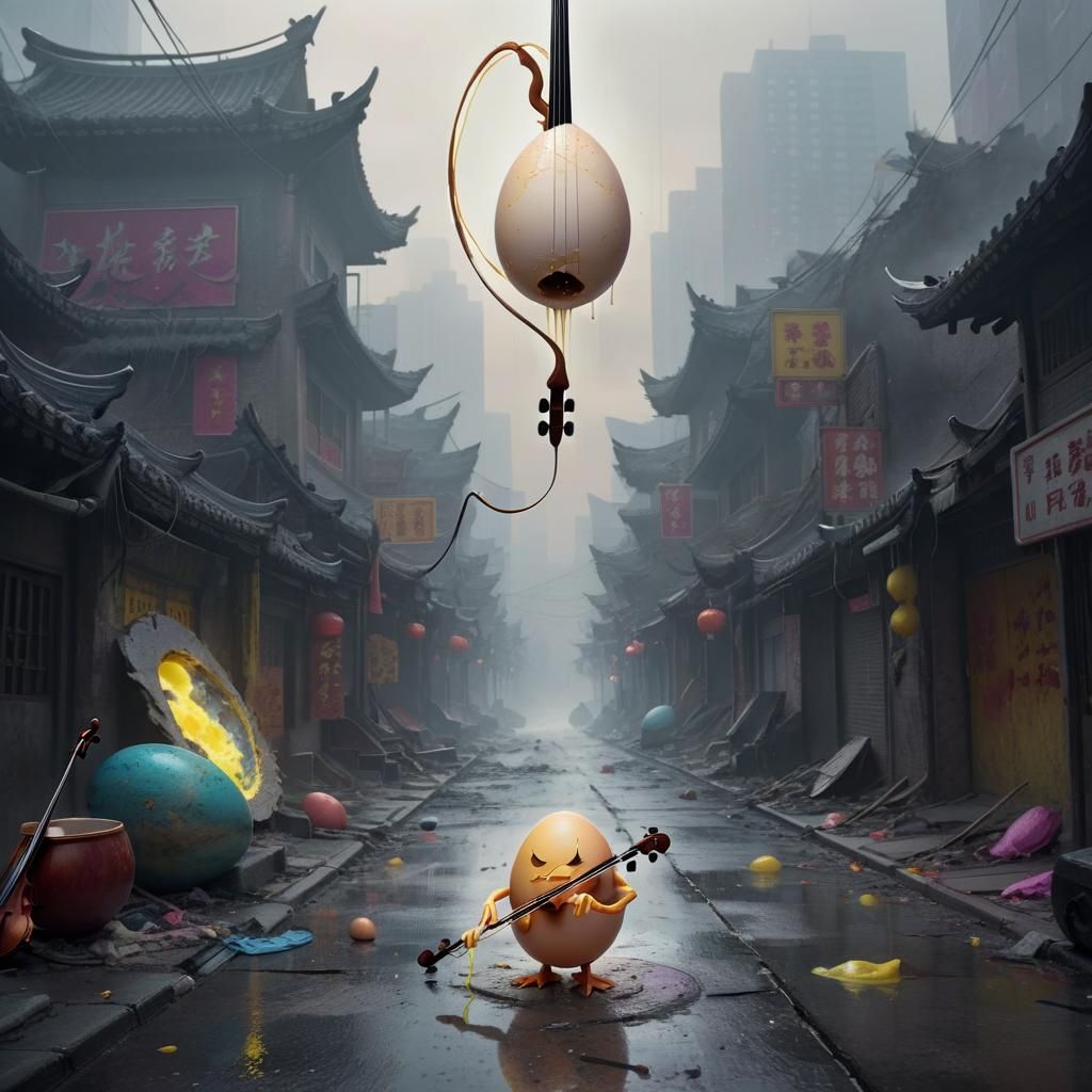 Furious Egg Plays Violin in Polluted City: Digital Art