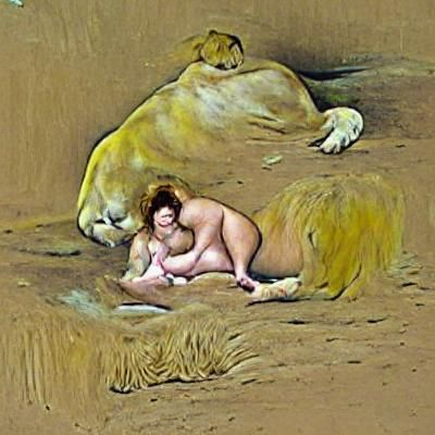 Surreal Birthing Scene: Woman and Lion