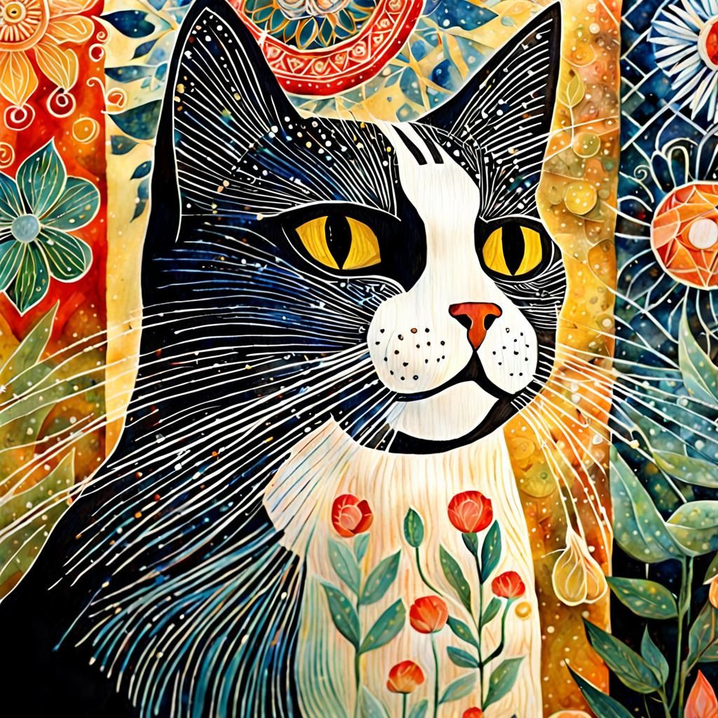Sunlit Cat Portrait in Woodblock Print Style