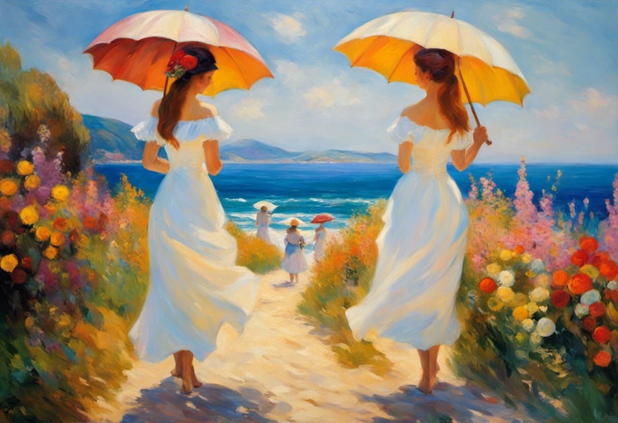Women on Beach with Umbrellas as Impressionist Painting