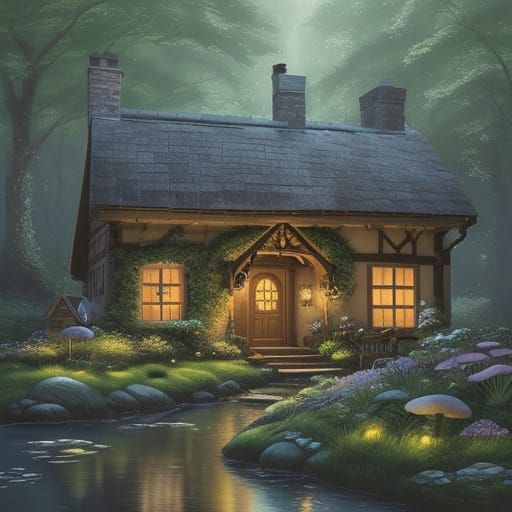 Enchanted Forest Cottage in Watercolor Style