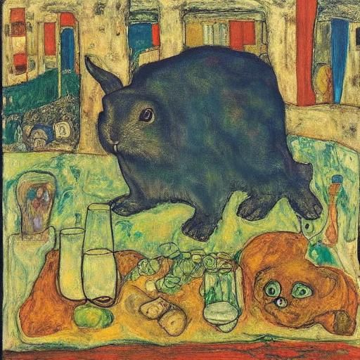 Rabbit Drinking Alcohol: Expressionist and Abstract Styles