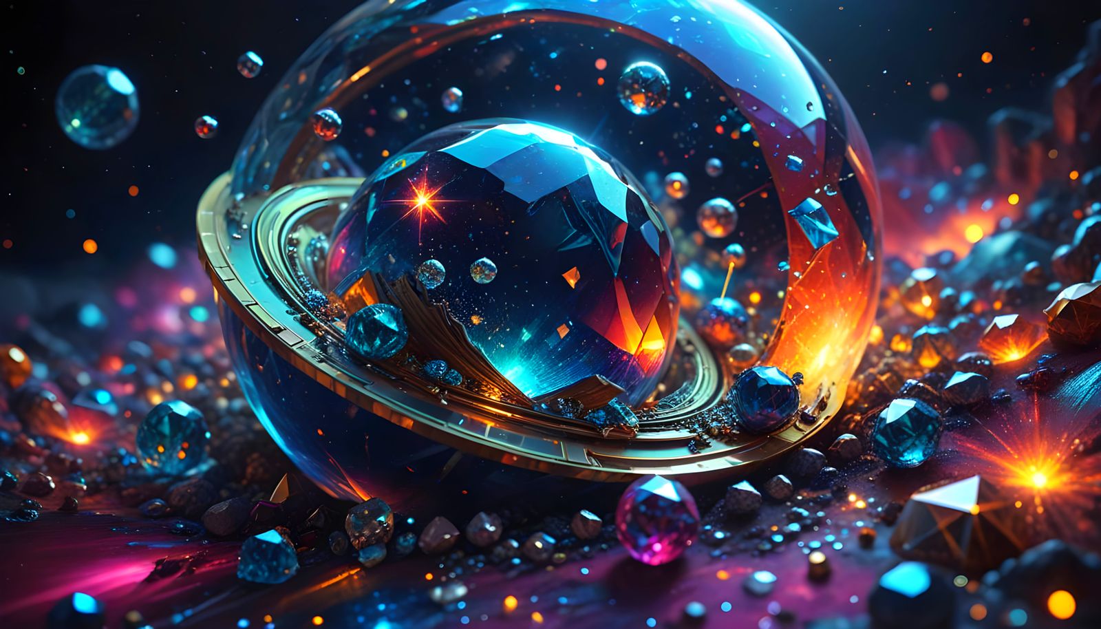 Vibrant Geometric Cosmic Scene with Diamond Planets