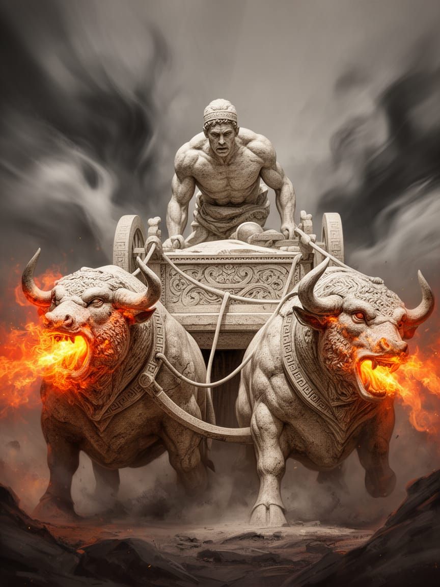 Stone Chariot Pulled by Fire Bulls