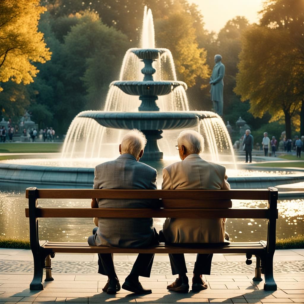 Elderly Gay Couple at Fountain in Golden Hour