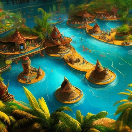 Aztec Water Park with Medieval Lazy River, Digital Art