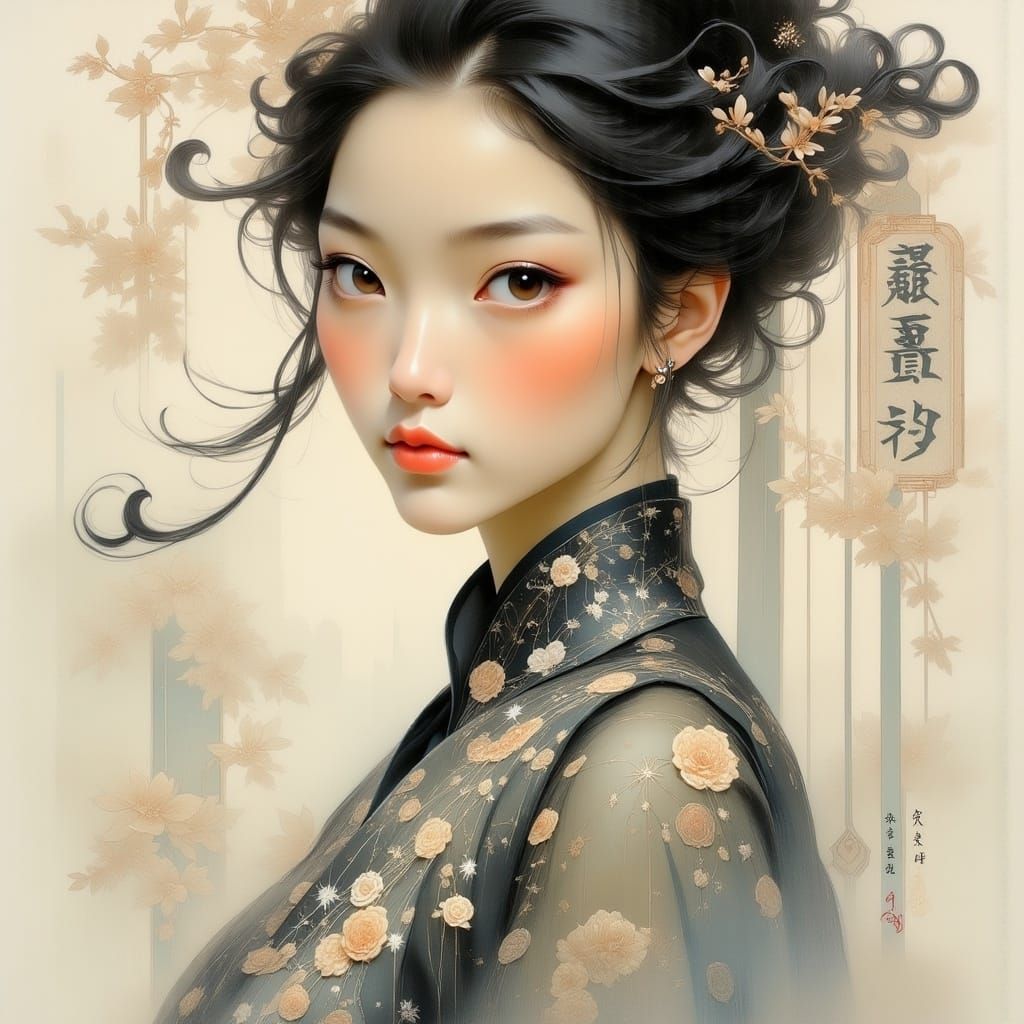 Chinese Woman in Elegant Charcoal Sketch Style