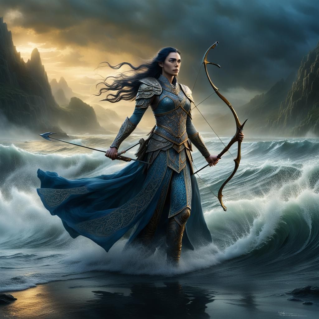 Elven Archer in Stormy Lake, Fantasy Concept Art