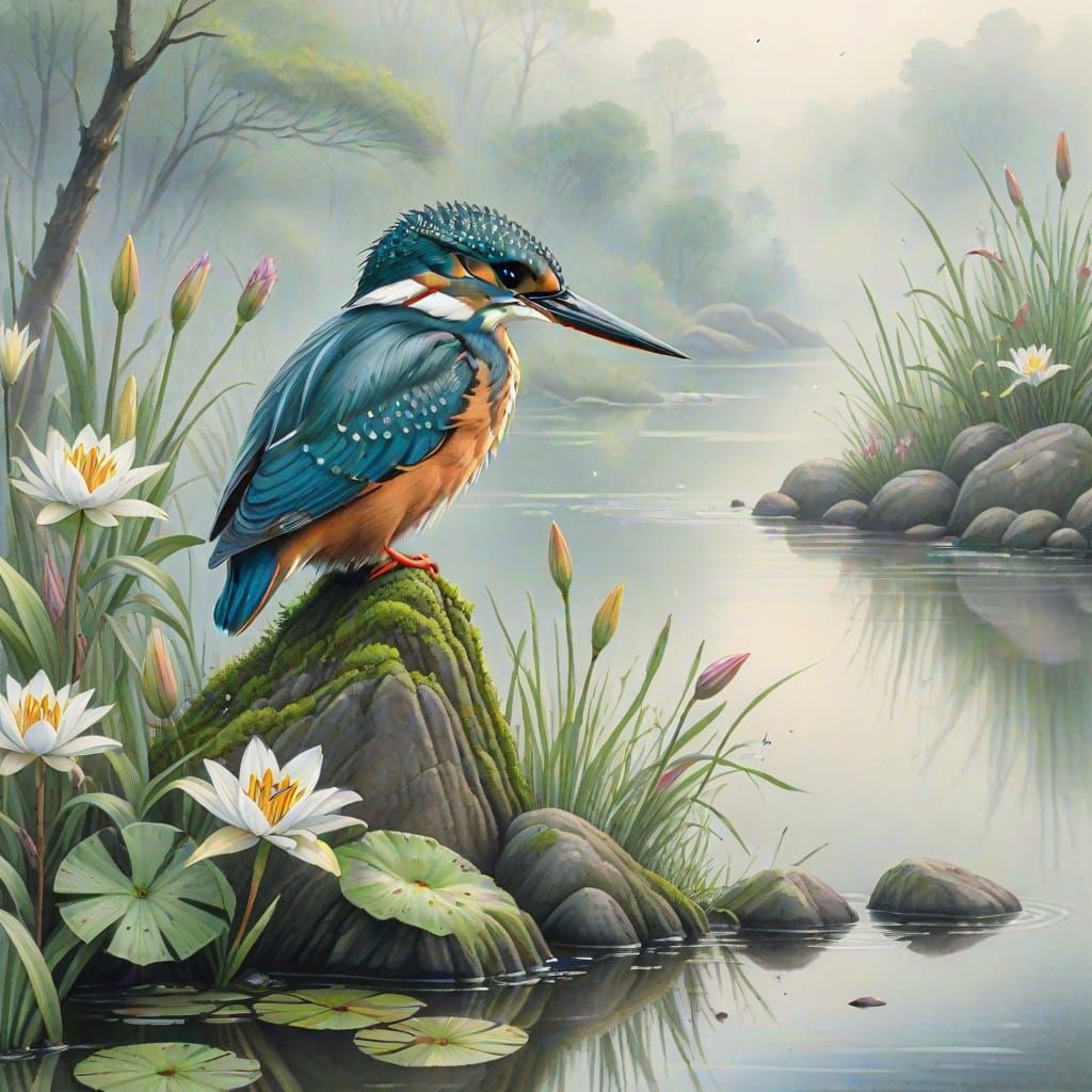 Kingfisher on Mossy Rock: Colored Pencil Sketch