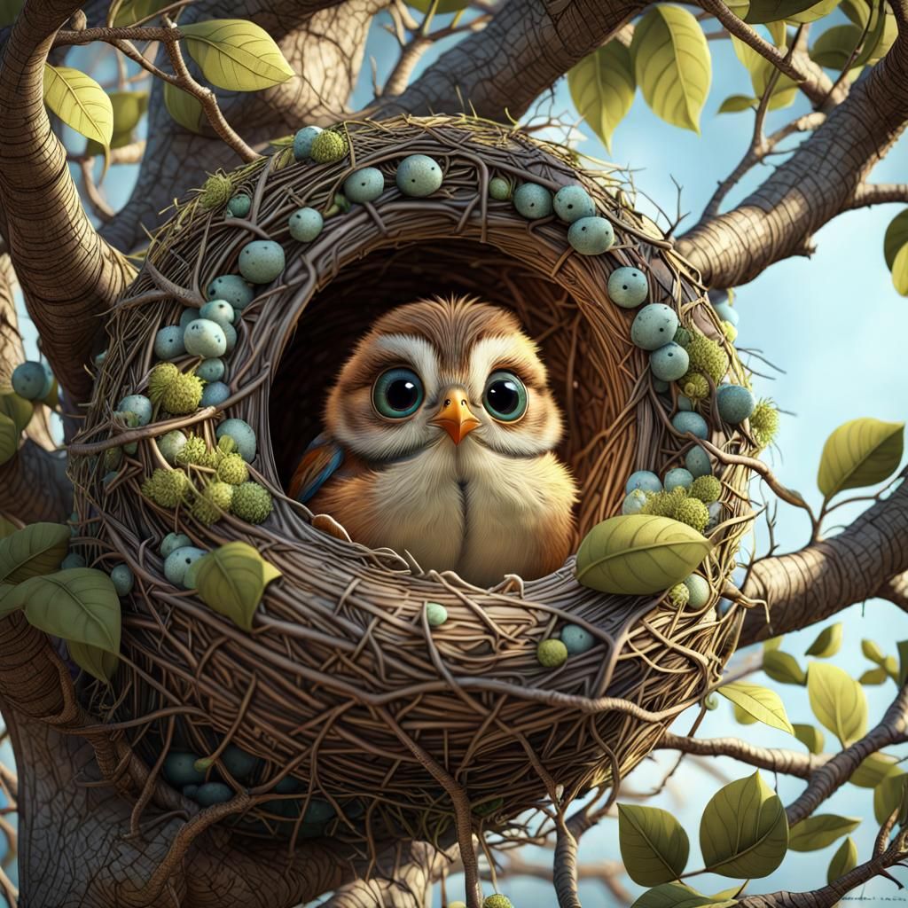 Charming Bird's Nest in Tree, Detailed Polychromatic Art