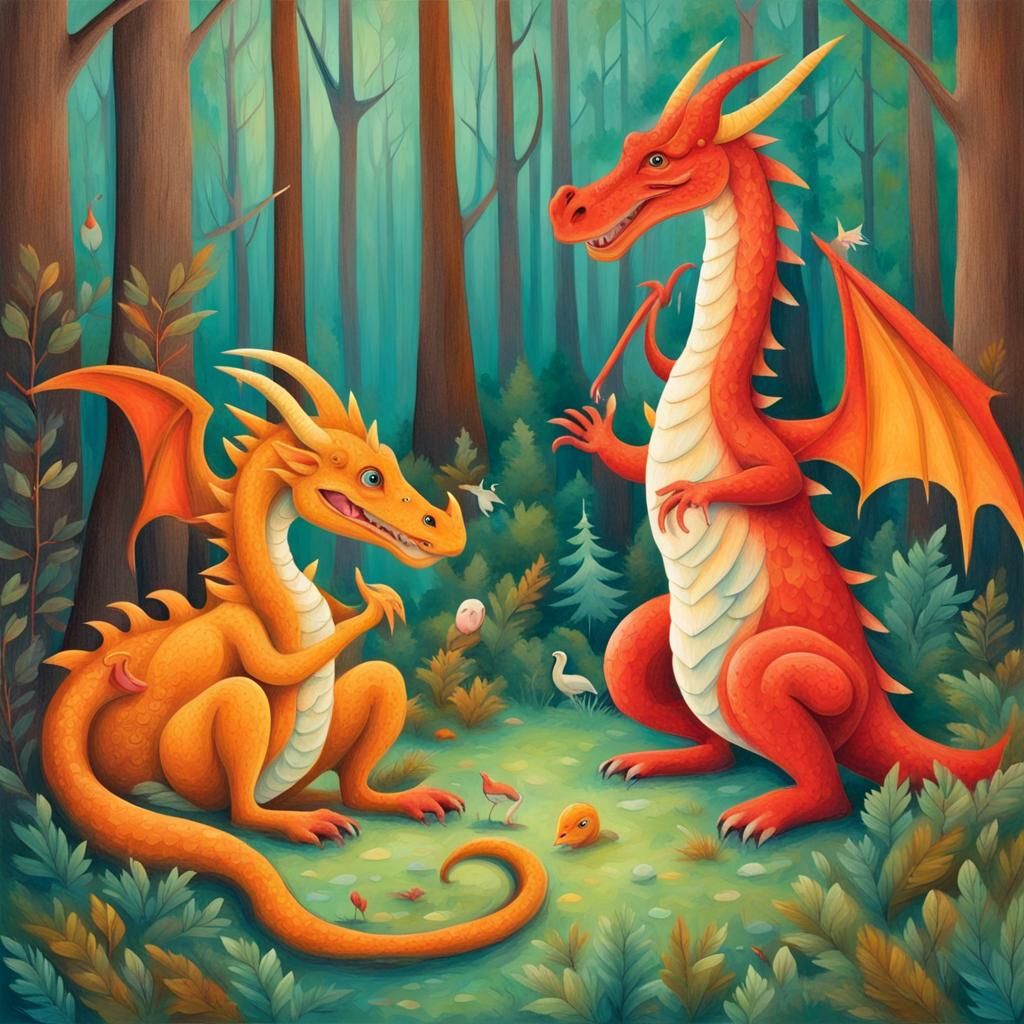 Dragon's Woodland Friendship: An Abstract Art Piece