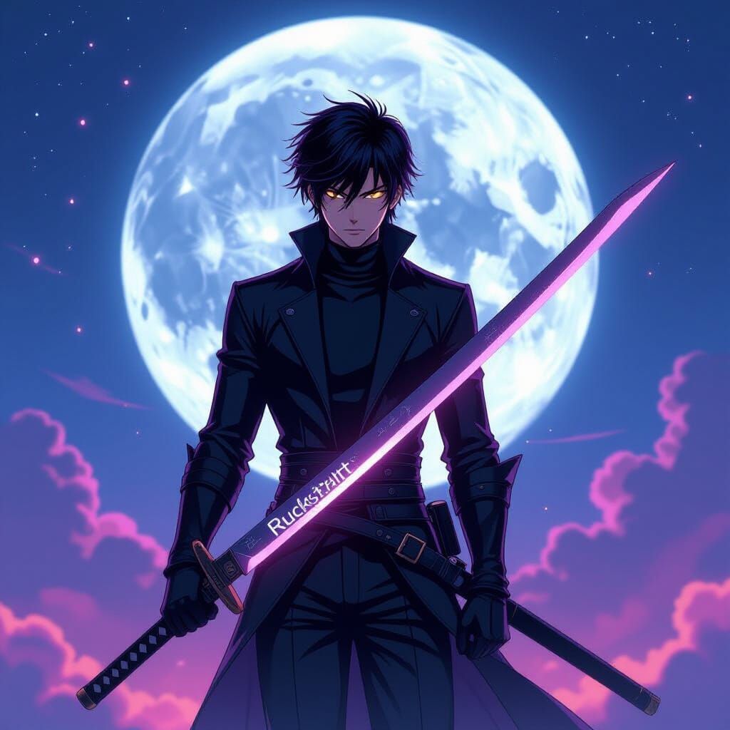 Anime Character with Glowing Sword and Moon Backdrop
