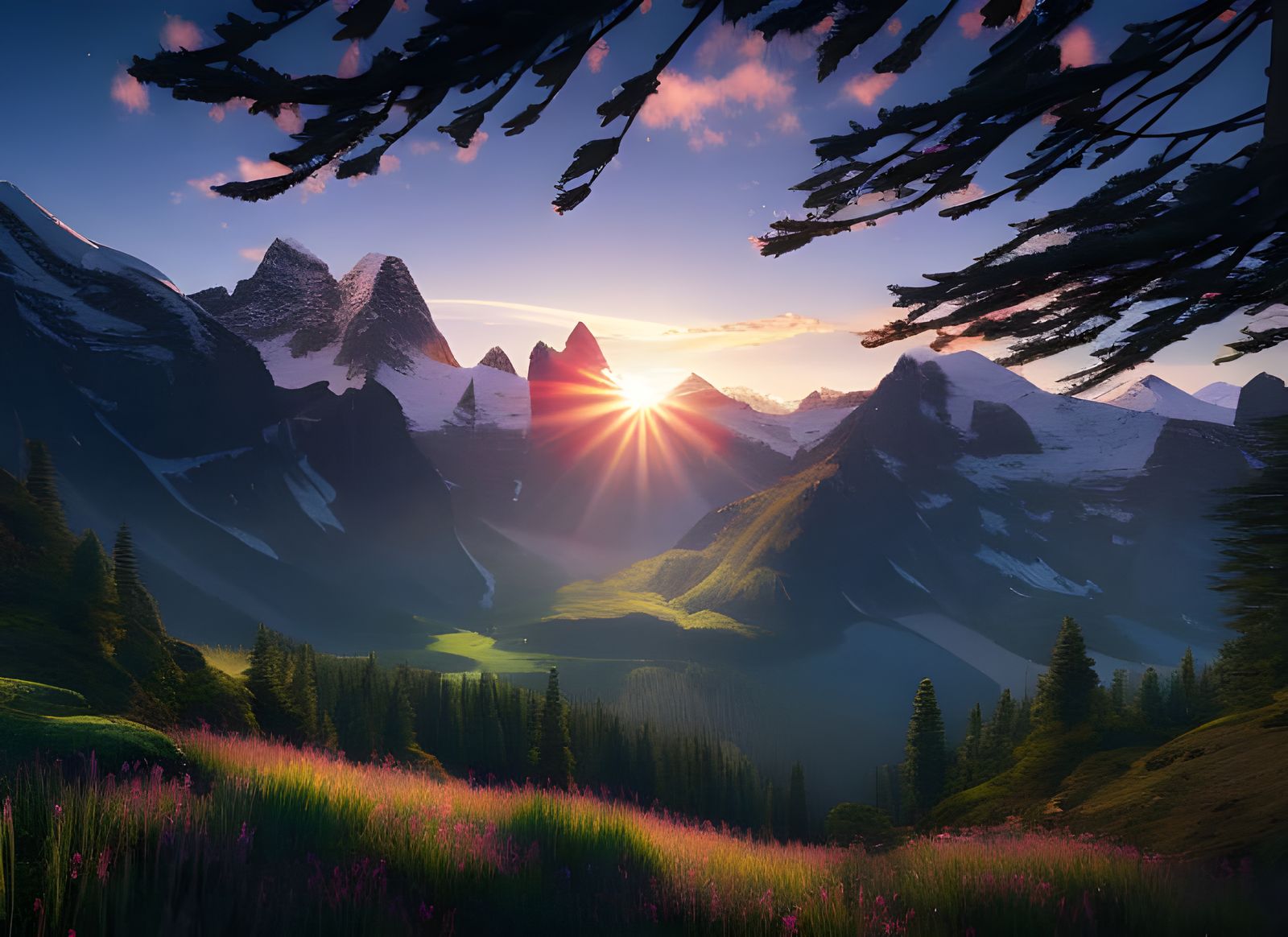 Vivid Sunset Landscape with Cherry Trees and Mountains