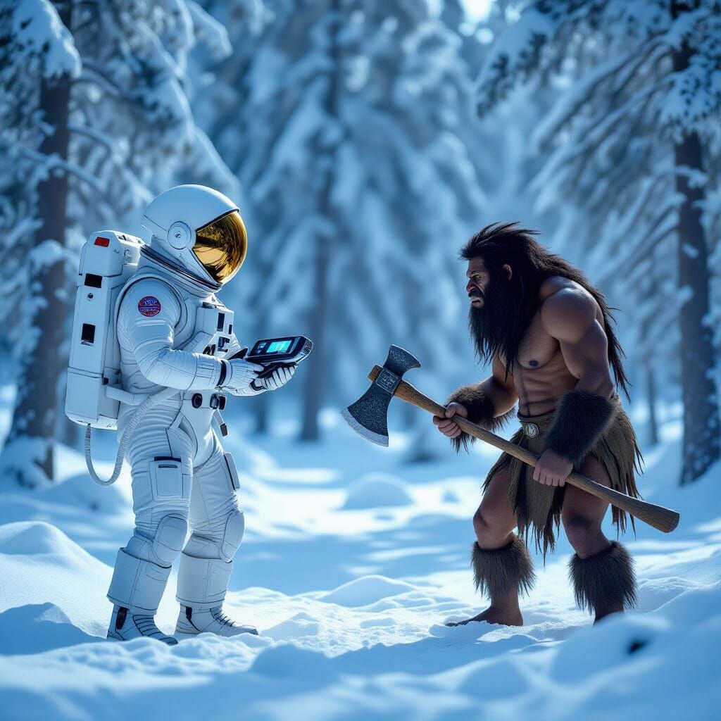 Astronaut Meets Neanderthal in Snowy Forest