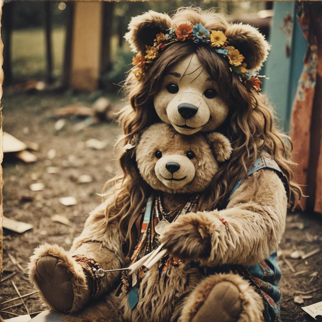 Smiling Hippie Teddy Bear in 70s Polaroid Style