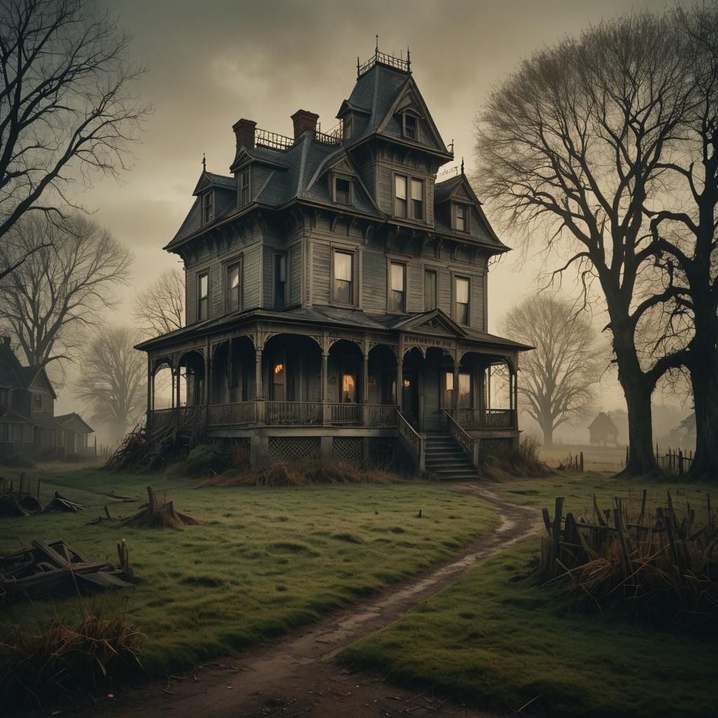Eerie Victorian House in Bucolic Scene: Cinematic Film Still
