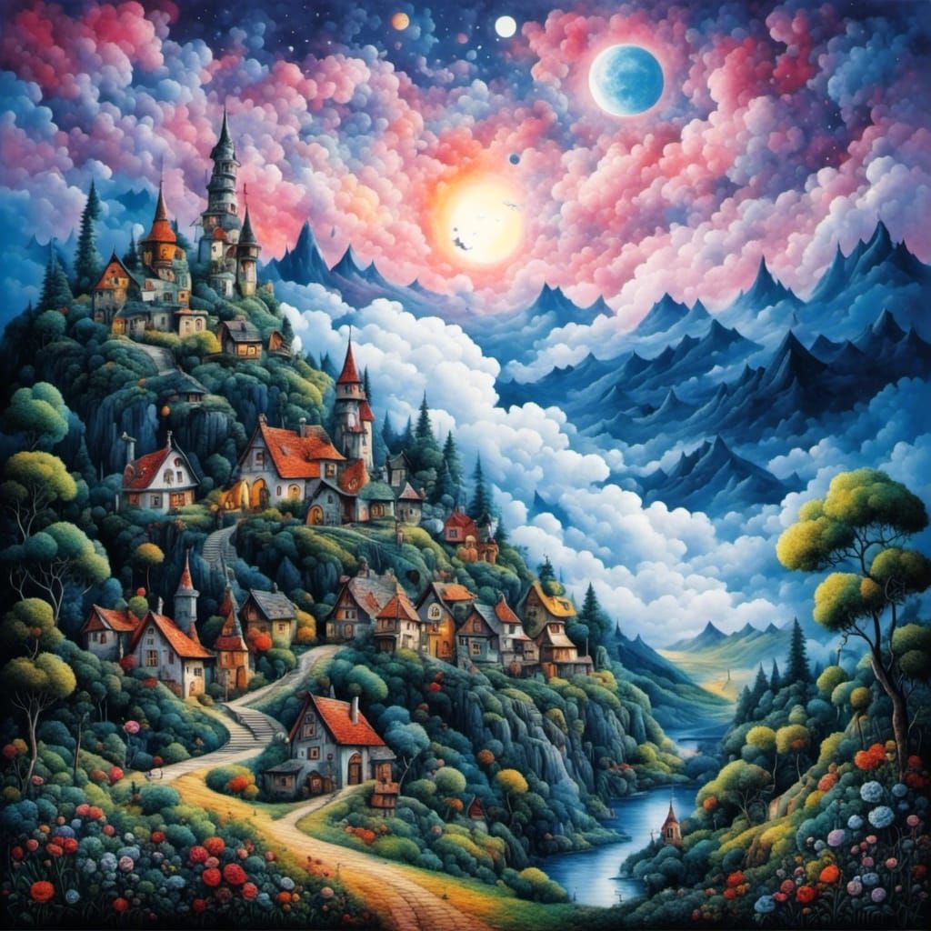 Enchanting Surreal Village Hill in Watercolor Style