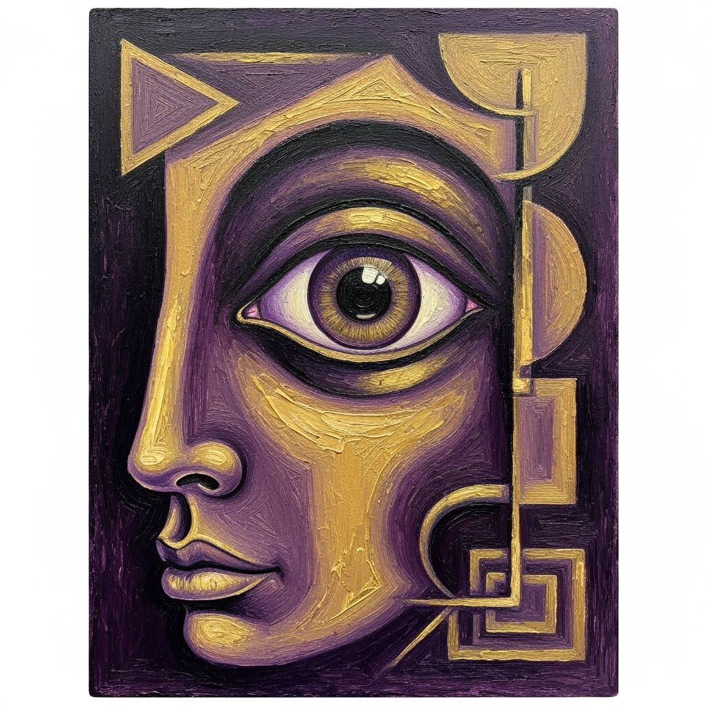 Abstract Cubist Face with Large Eye in Purple and Gold