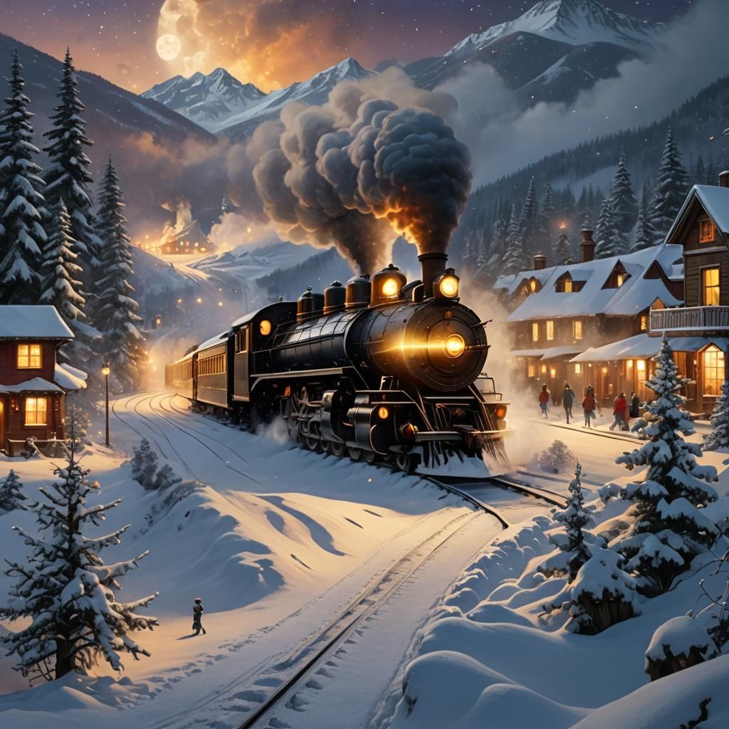 Magical Steam Train Arriving at Snowy Station