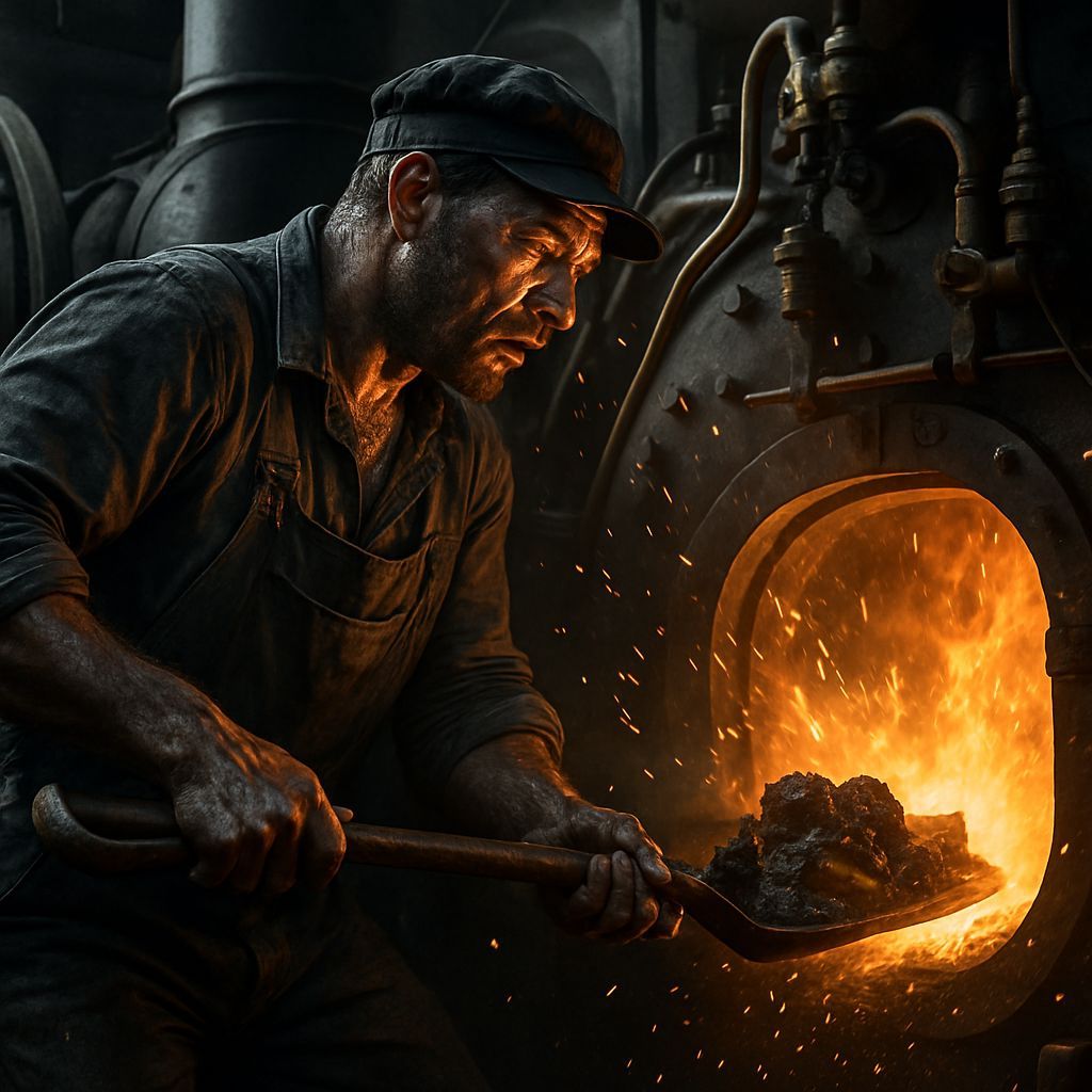 Railroad Fireman Shoveling Coal into Engine