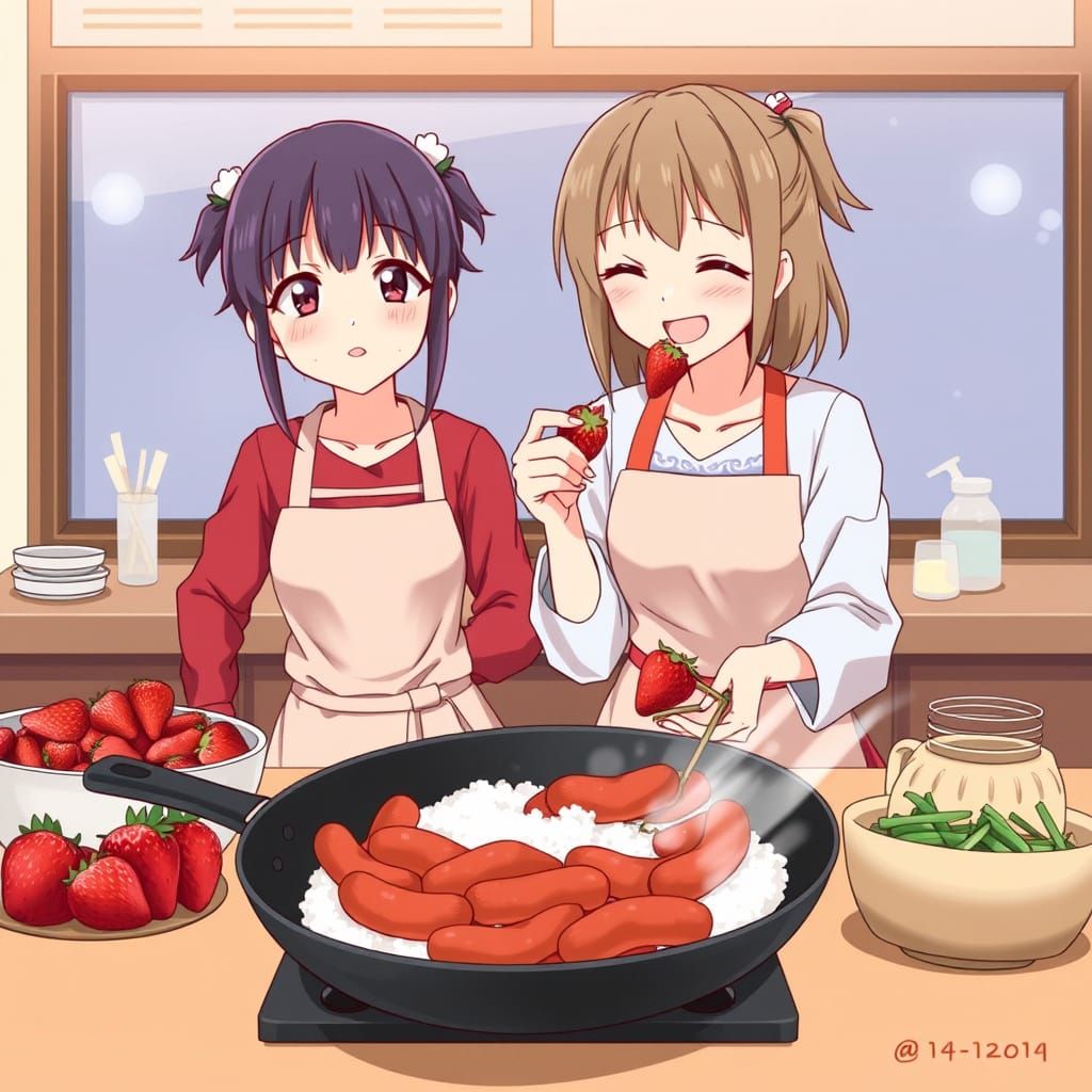 Anime Style Kitchen Scene of Shared Joy