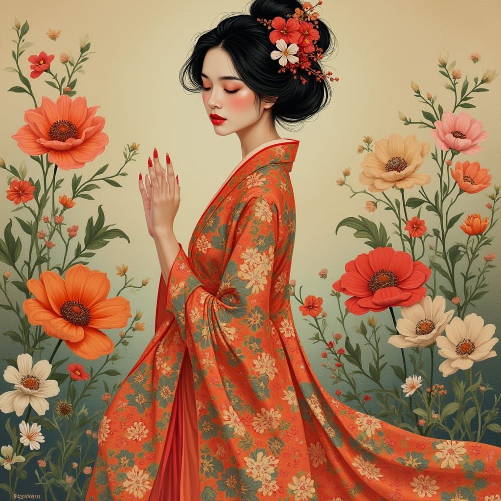 Asian Woman in Floral Field, Art Nouveau Style