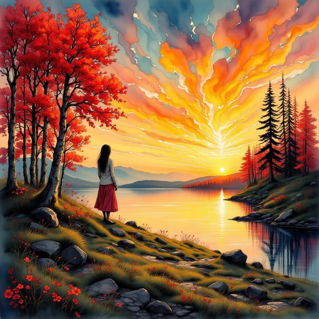 Sunset Lake View in Impressionistic Style