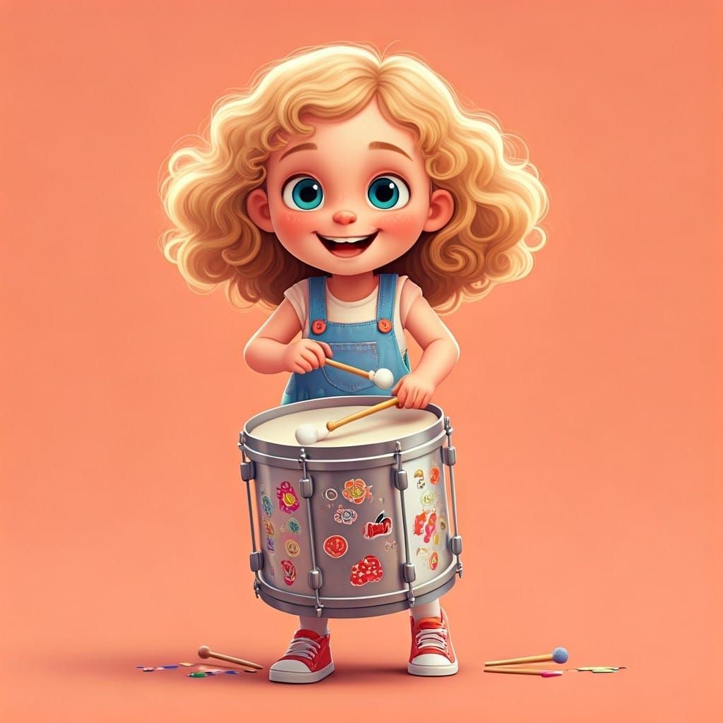 Whimsical 3D Girl Decorates Vibrant Drum with Glitter and St...