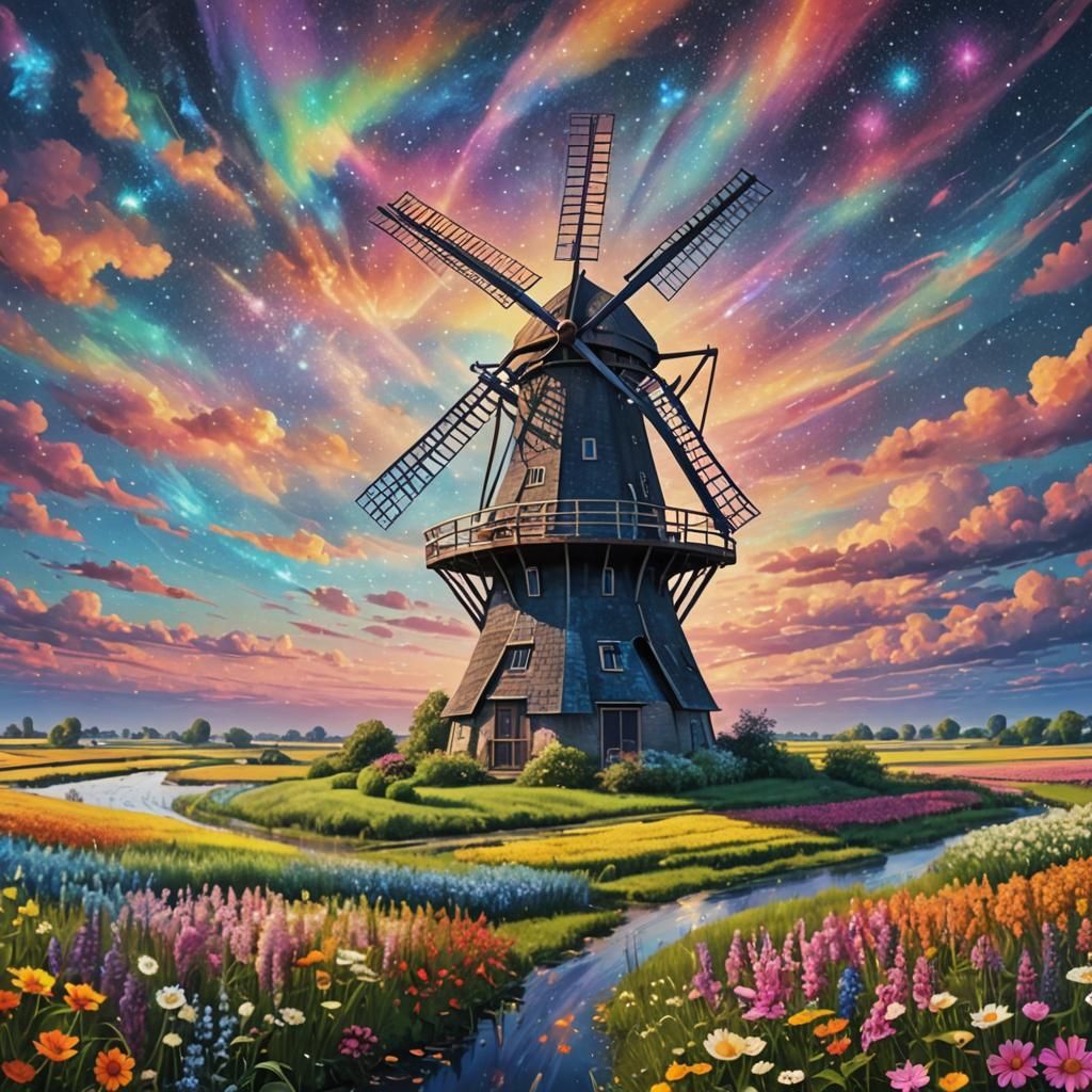Cosmic Windmill in Flower Polder, Astral Illustration