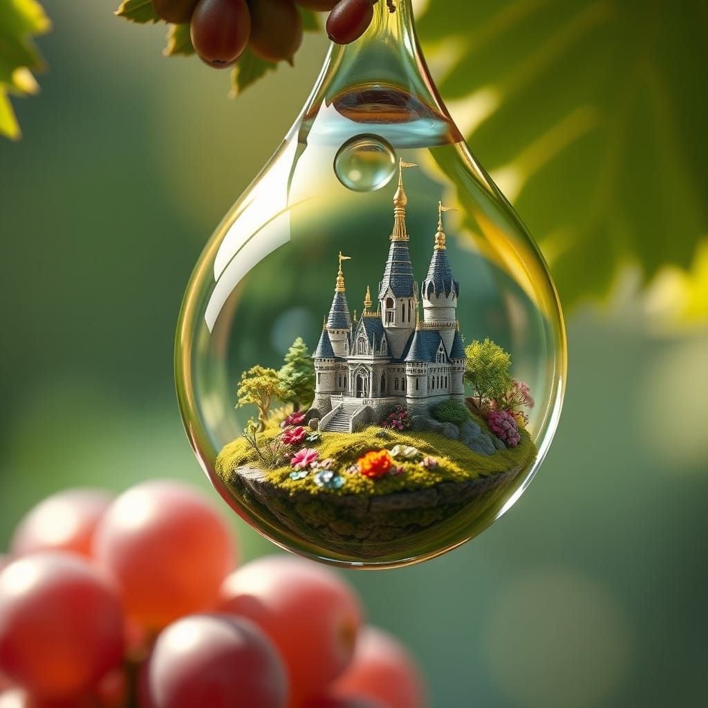 An Hyperreall castle in a  terrarium art in a water drop han...