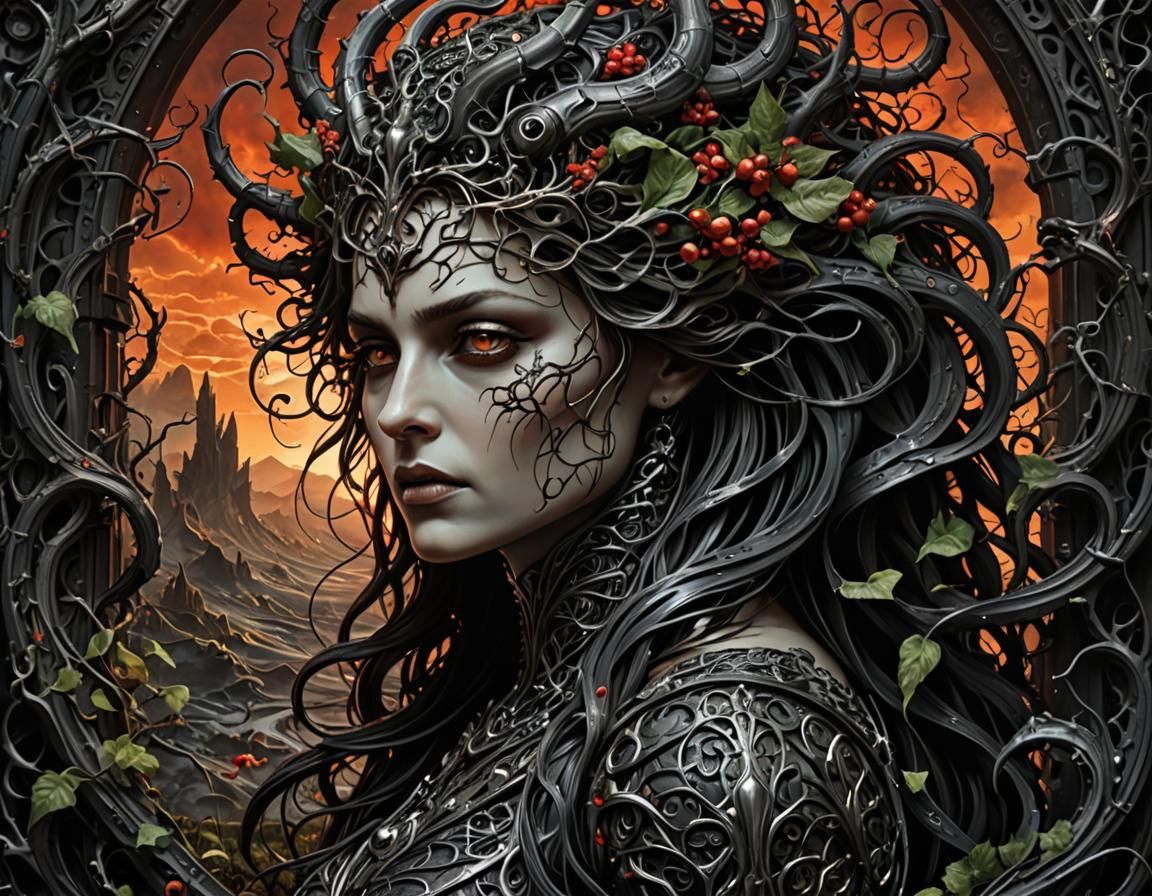 Ornate Persephone Fantasy in Blended Ink and Paint