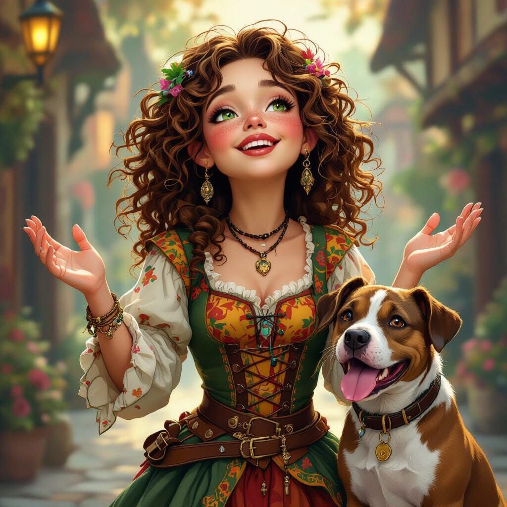 Joyful Halfling Tavern Performer with Pitbull, Storybook Sty...