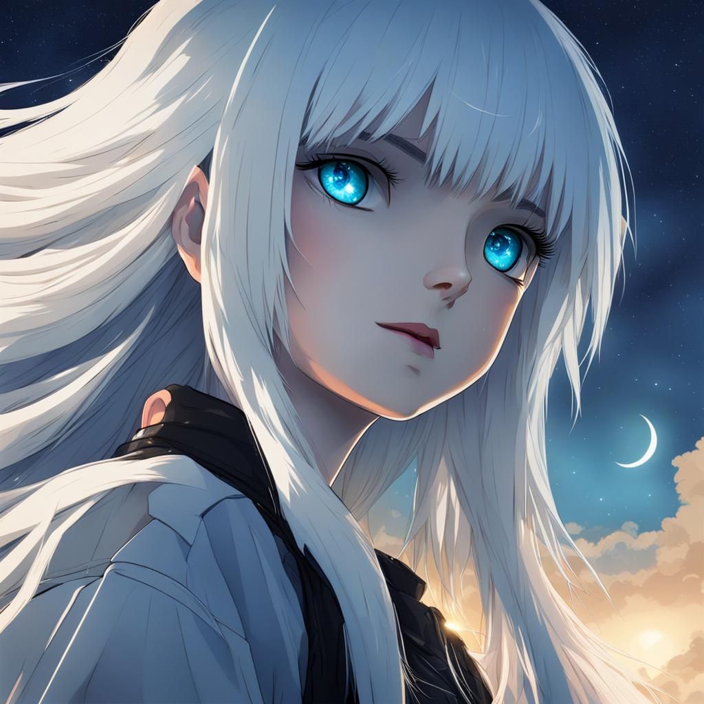 Girl with White Hair and Blue Eyes Under Night Sky