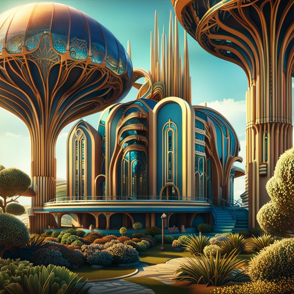 Art Deco Solarpunk Landscape in Hyperrealistic Style