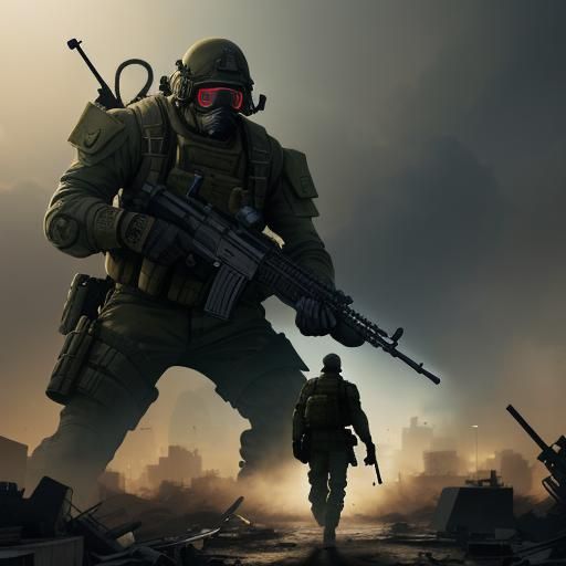 Anime Soldier in Ruined City with Neon Lights