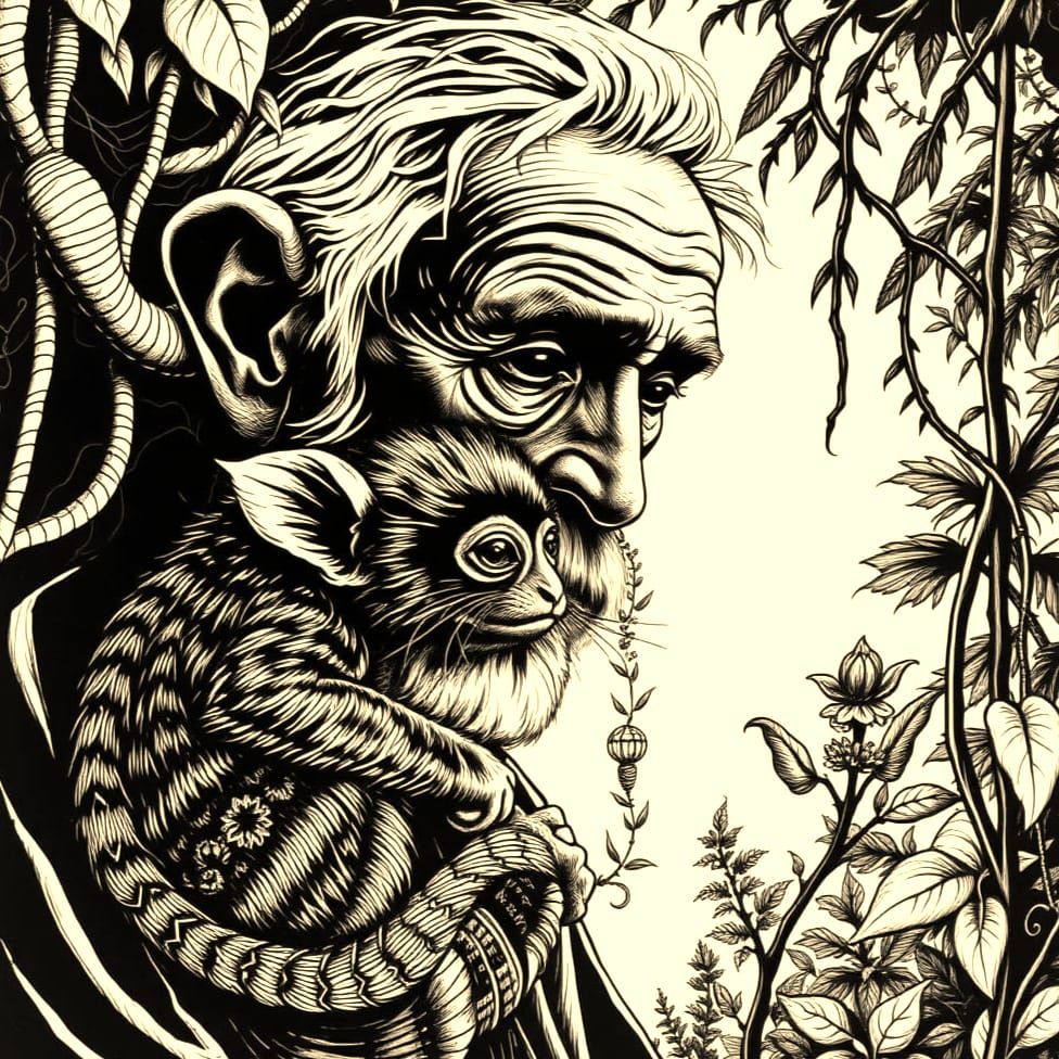 A Gentle Old Man and His Pygmy Marmoset in a Vibrant Garden